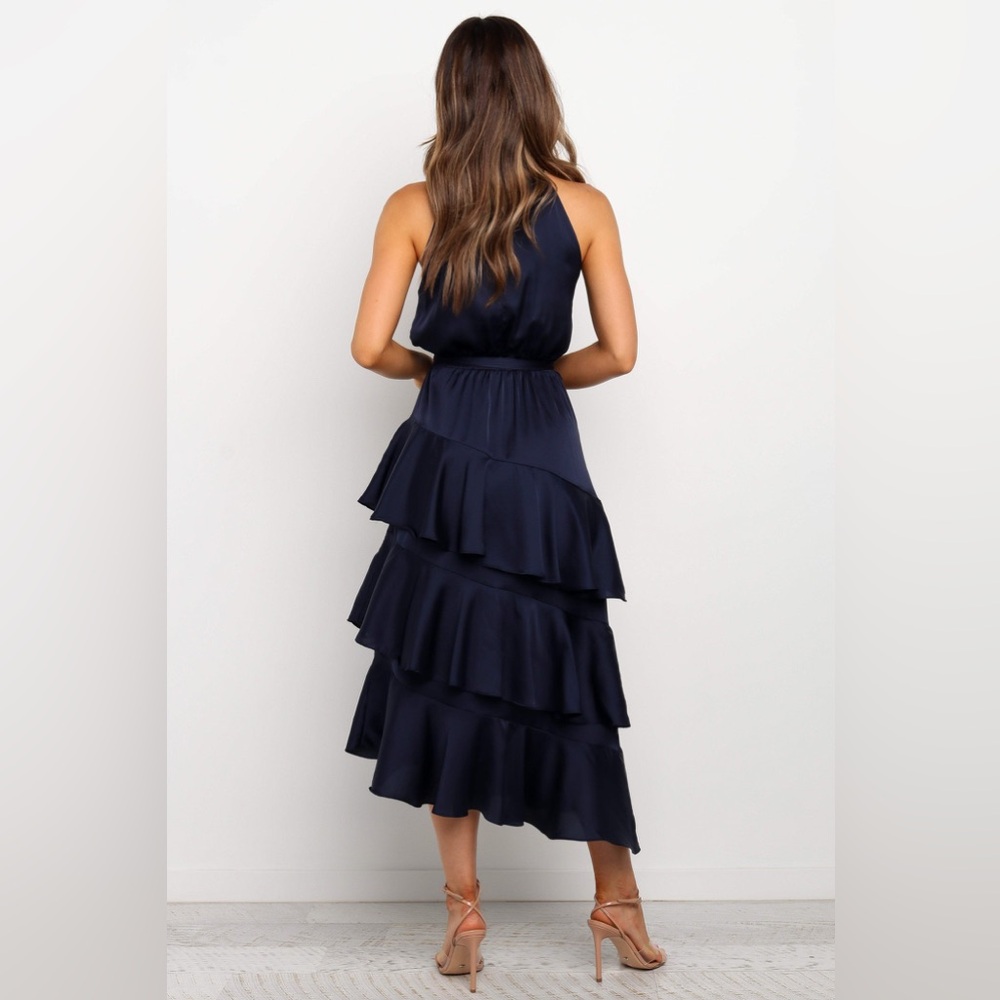 Petal & Pup Seychelle Navy Satin Asymmetrical Hem Tiered Ruffle Midi Dress - 6 - Picture 4 of 11